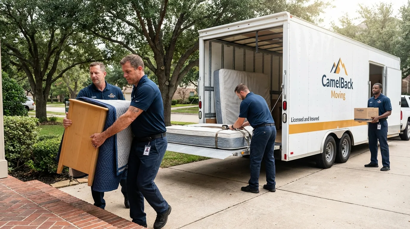 Crew loading residential truck for cross-state move from Ranger, TX