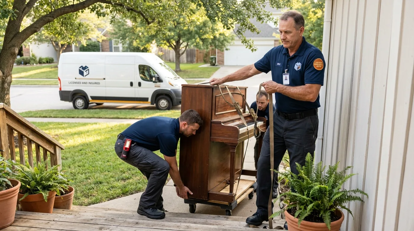 Licensed piano movers securing grand piano in Ranger, TX